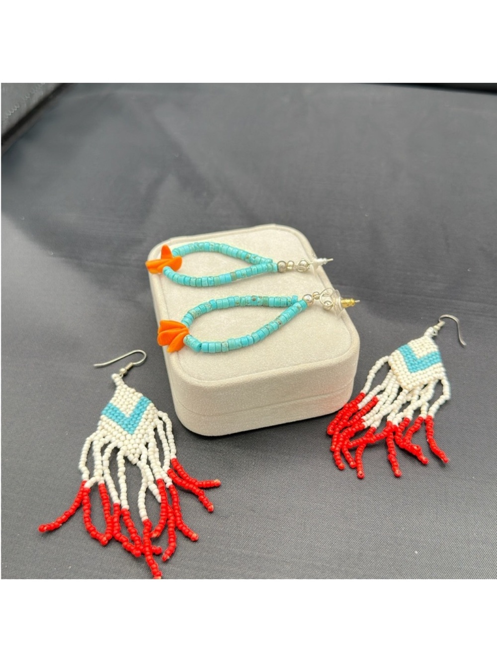 Vintage Navajo Set of Turquoise/Coral Beaded Earrings